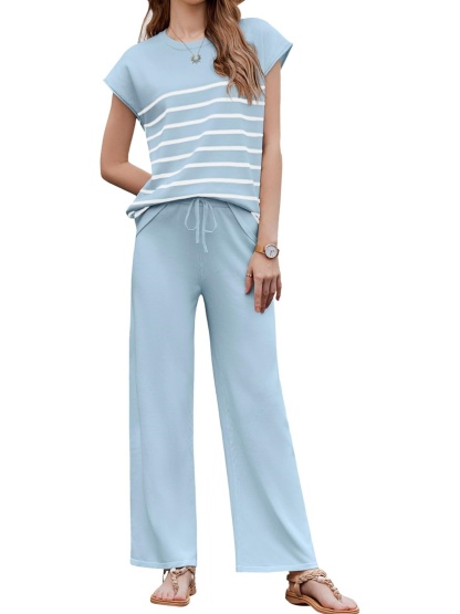 Women's Striped Knit Top Drawstring Wide Leg Pants 2-Piece Set