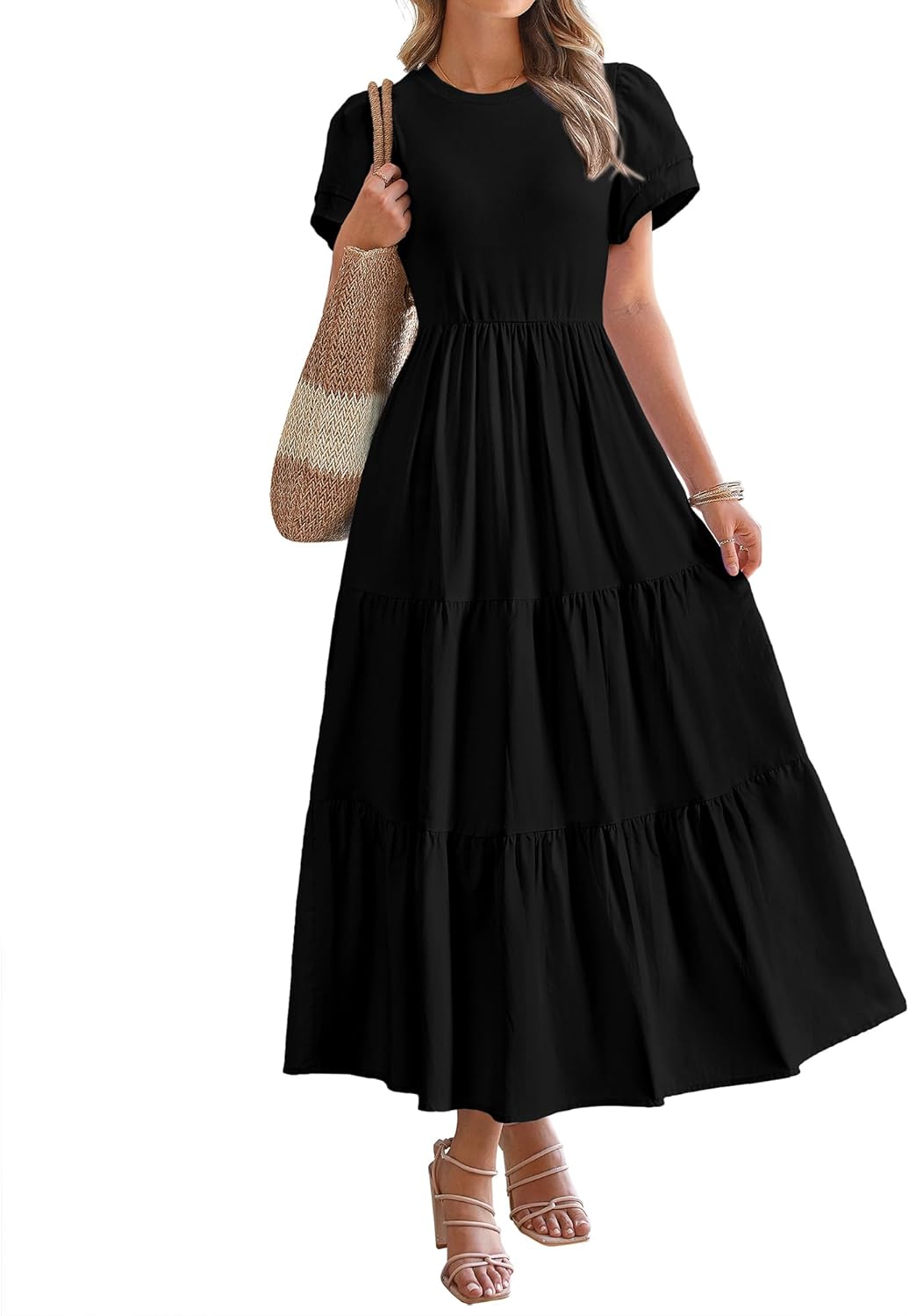 2025 Crewneck Short Sleeve Tiered Flowy Boho Maxi Dress (Buy 2 Free Shipping)