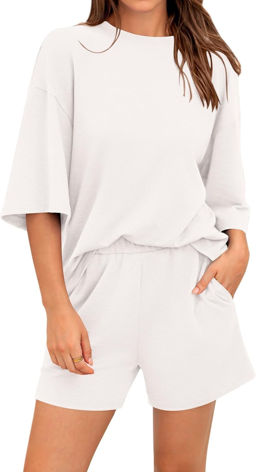 Women’s 2 Piece Outfits 3/4 Sleeve Tops and Elastic Waist Shorts Loung