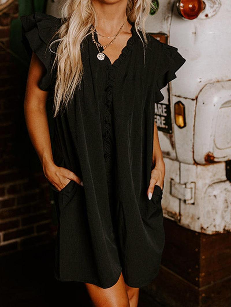 Women's Solid Color V-Neck Ruffle Dress