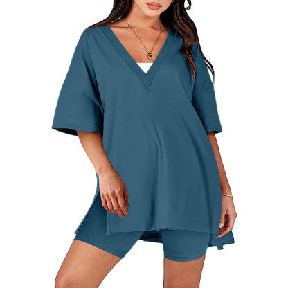 Oversized V Neck T Shirt Biker Shorts Reversible Tracksuit (Buy 2 Free Shipping)-Pink Laura