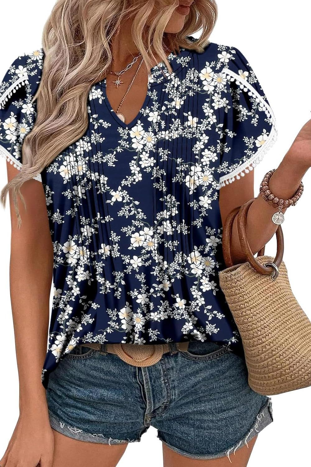 Women's Cute Fringe Cuff Casual Short Sleeve Printed Tops
