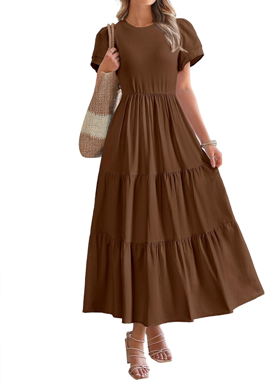 2025 Crewneck Short Sleeve Tiered Flowy Boho Maxi Dress (Buy 2 Free Shipping)