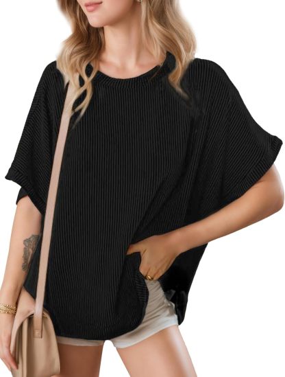 Women's Solid Color Loose Knitted Short Sleeved Shirt