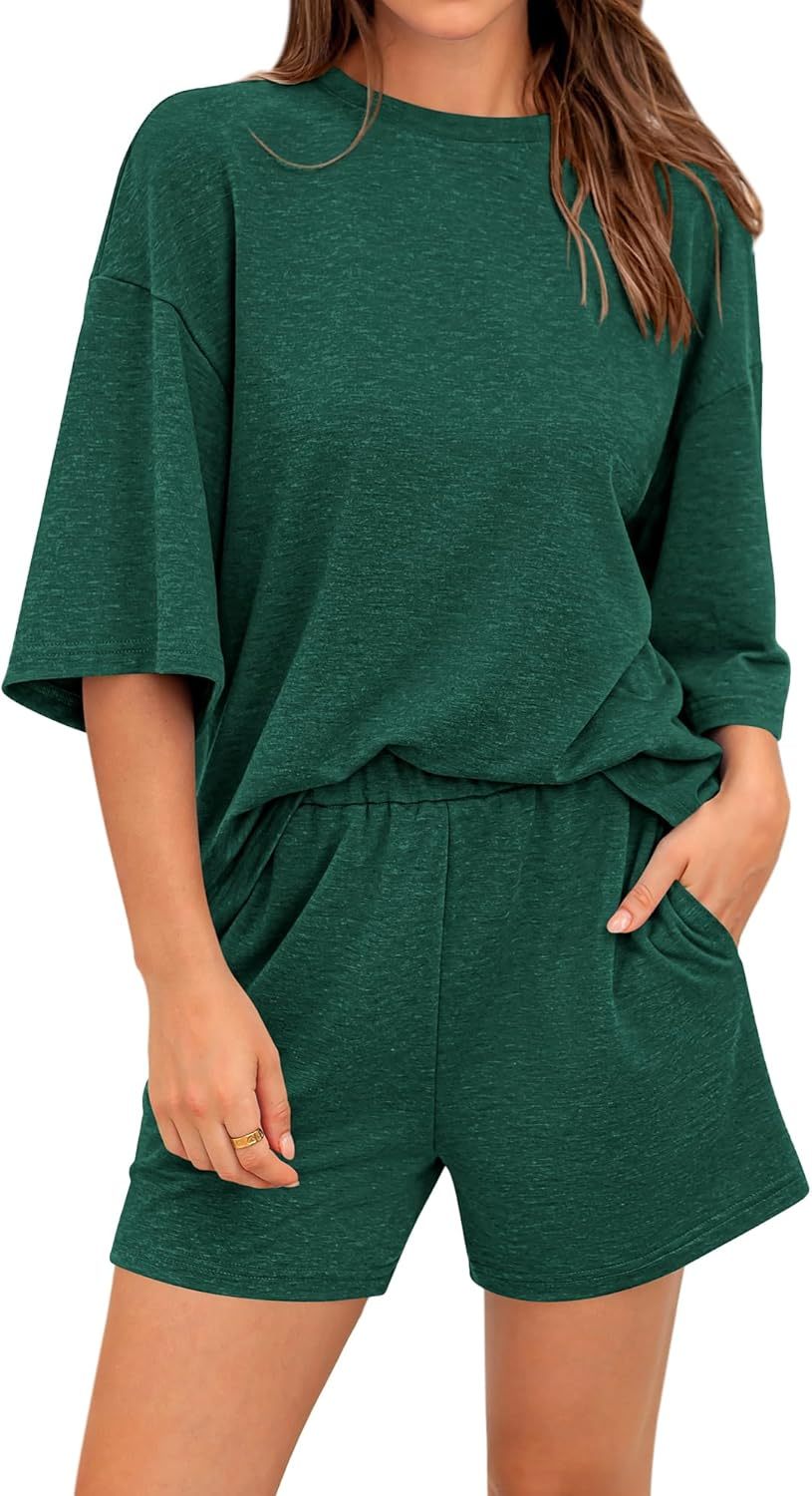 Women’s 2 Piece Outfits 3/4 Sleeve Tops and Elastic Waist Shorts Lounge Sets