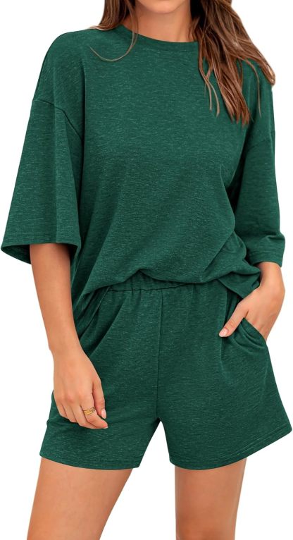 Women’s 2 Piece Outfits 3/4 Sleeve Tops and Elastic Waist Shorts Lounge Sets
