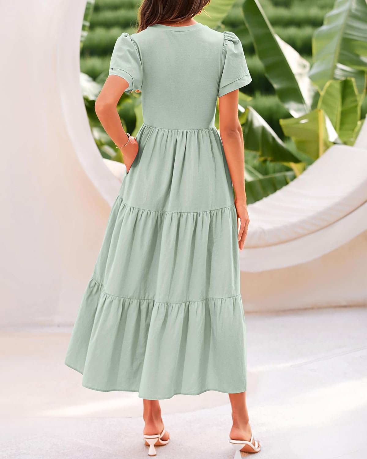 2025 Crewneck Short Sleeve Tiered Flowy Boho Maxi Dress (Buy 2 Free Shipping)