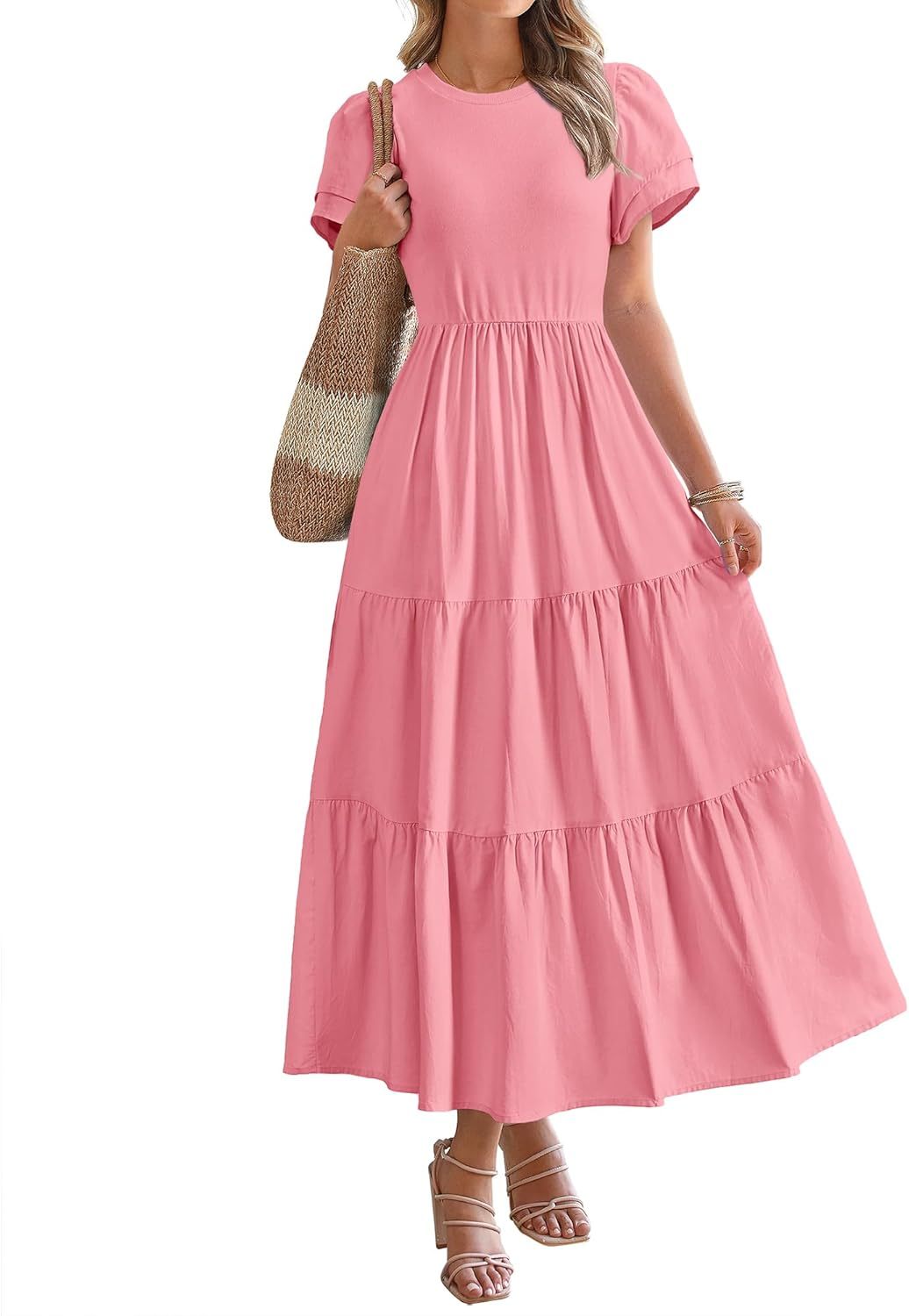 2025 Crewneck Short Sleeve Tiered Flowy Boho Maxi Dress (Buy 2 Free Shipping)