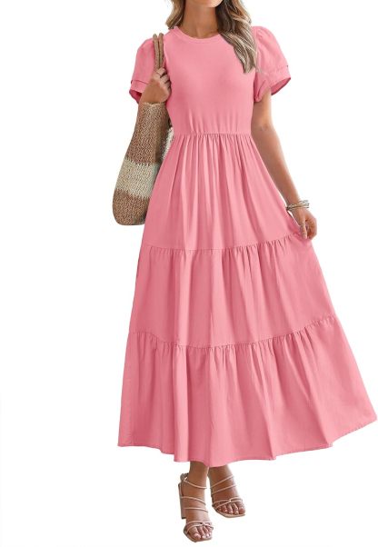2025 Crewneck Short Sleeve Tiered Flowy Boho Maxi Dress (Buy 2 Free Shipping)