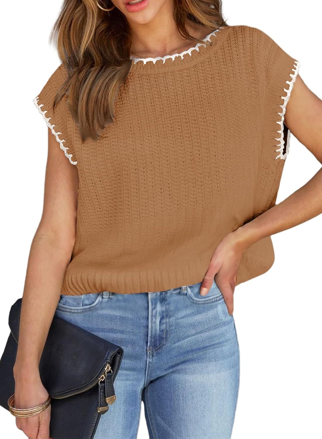 Women’s Cap Sleeve Sweater Vest Crewneck Short Sleeve Sweaters