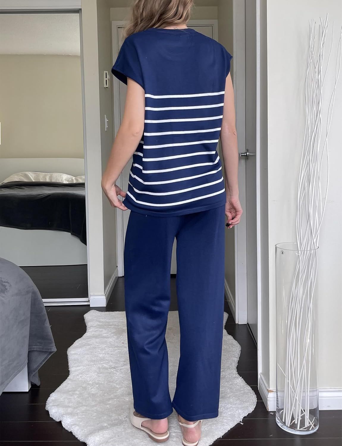 Women's Striped Knit Top Drawstring Wide Leg Pants 2-Piece Set