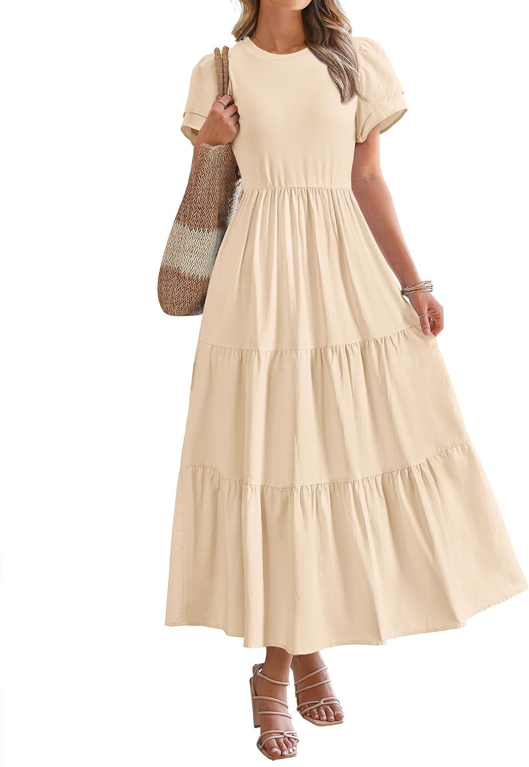 2025 Crewneck Short Sleeve Tiered Flowy Boho Maxi Dress (Buy 2 Free Shipping)