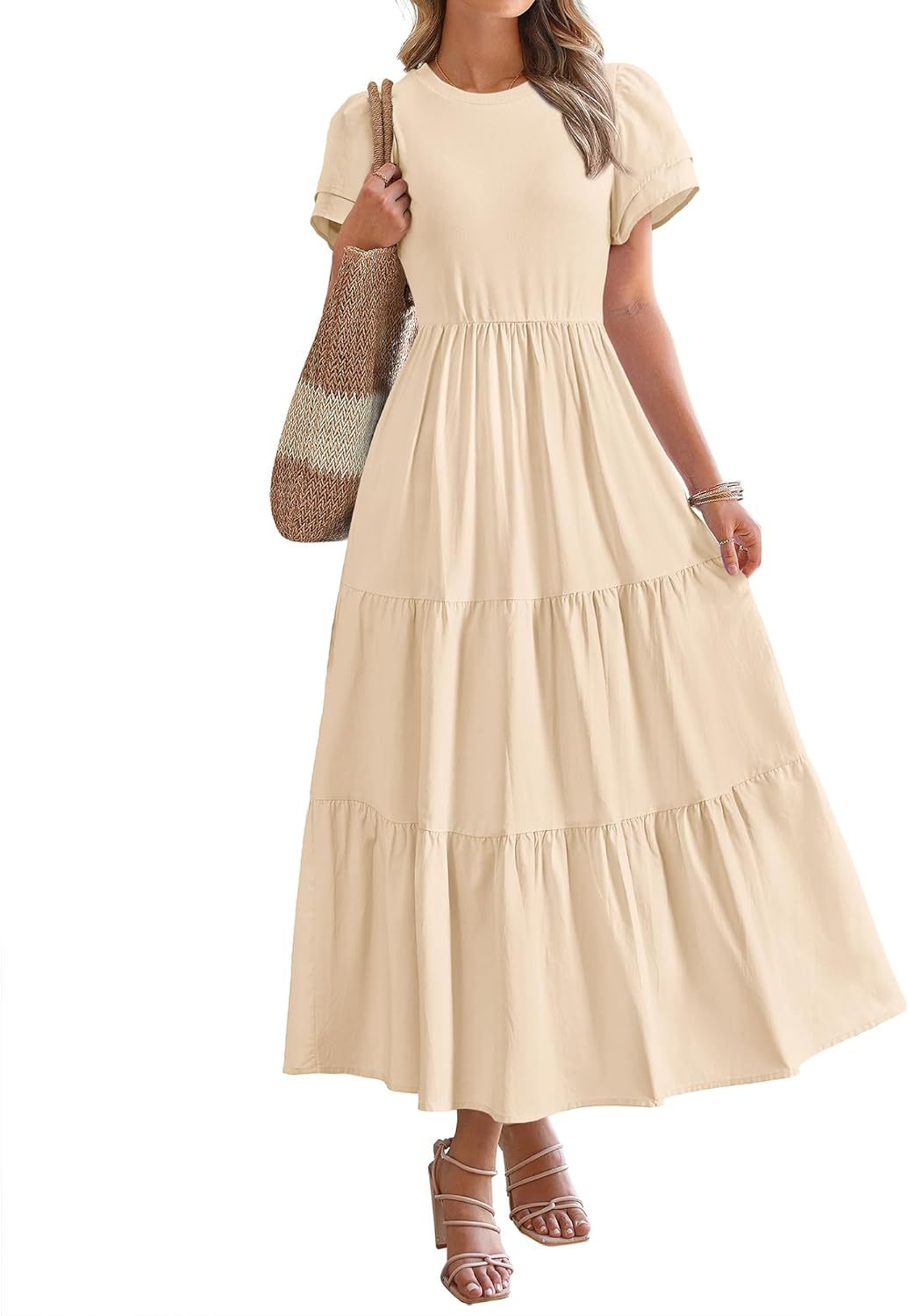 2025 Crewneck Short Sleeve Tiered Flowy Boho Maxi Dress (Buy 2 Free Shipping)