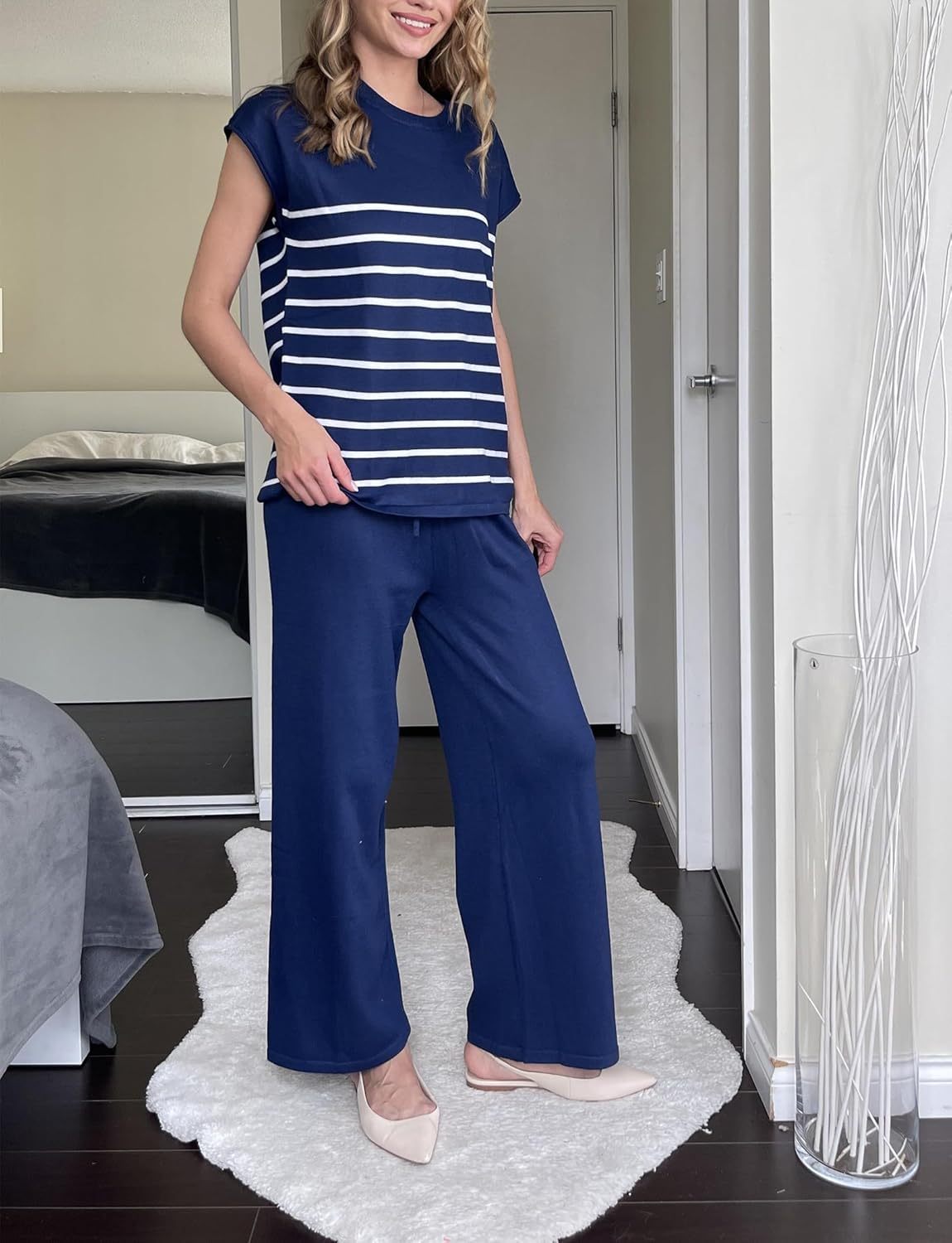 Women's Striped Knit Top Drawstring Wide Leg Pants 2-Piece Set
