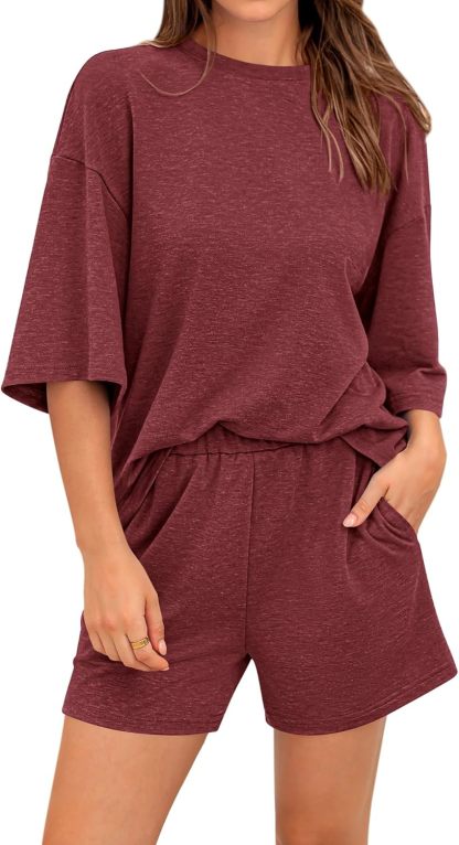 Women’s 2 Piece Outfits 3/4 Sleeve Tops and Elastic Waist Shorts Lounge Sets