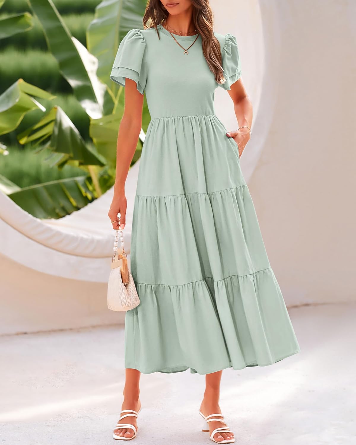 2025 Crewneck Short Sleeve Tiered Flowy Boho Maxi Dress (Buy 2 Free Shipping)