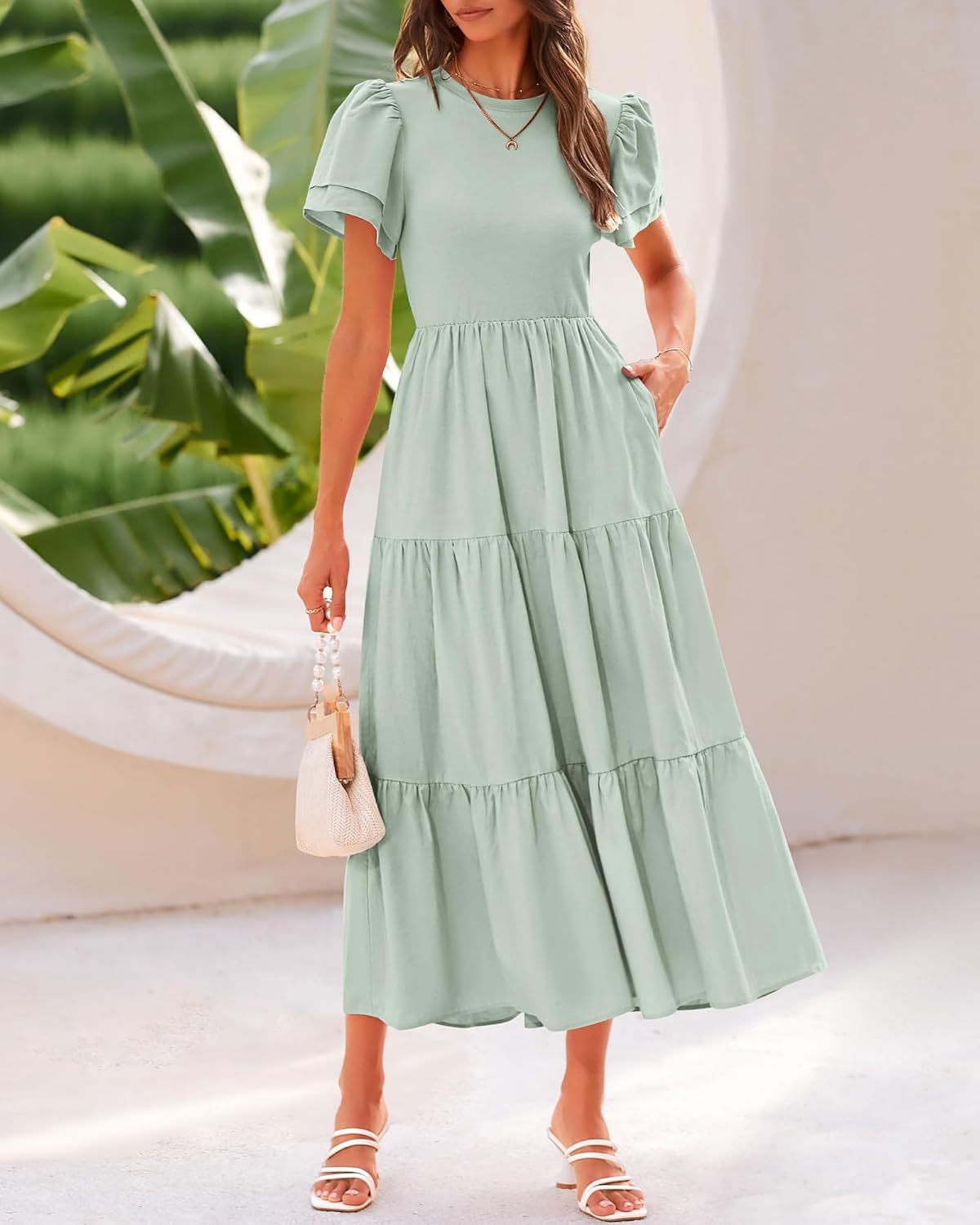 2025 Crewneck Short Sleeve Tiered Flowy Boho Maxi Dress (Buy 2 Free Shipping)