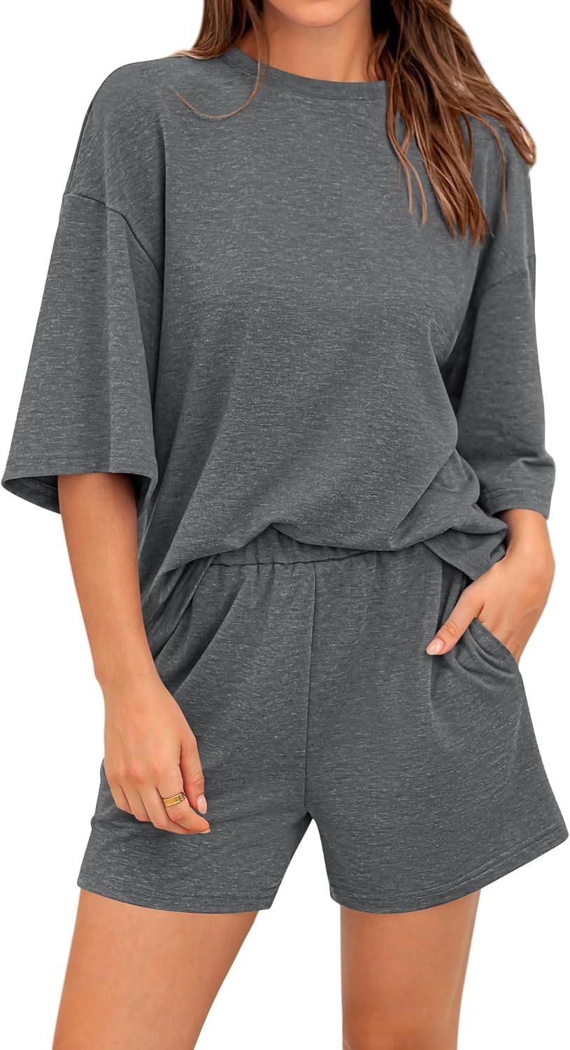 Women’s 2 Piece Outfits 3/4 Sleeve Tops and Elastic Waist Shorts Lounge Sets