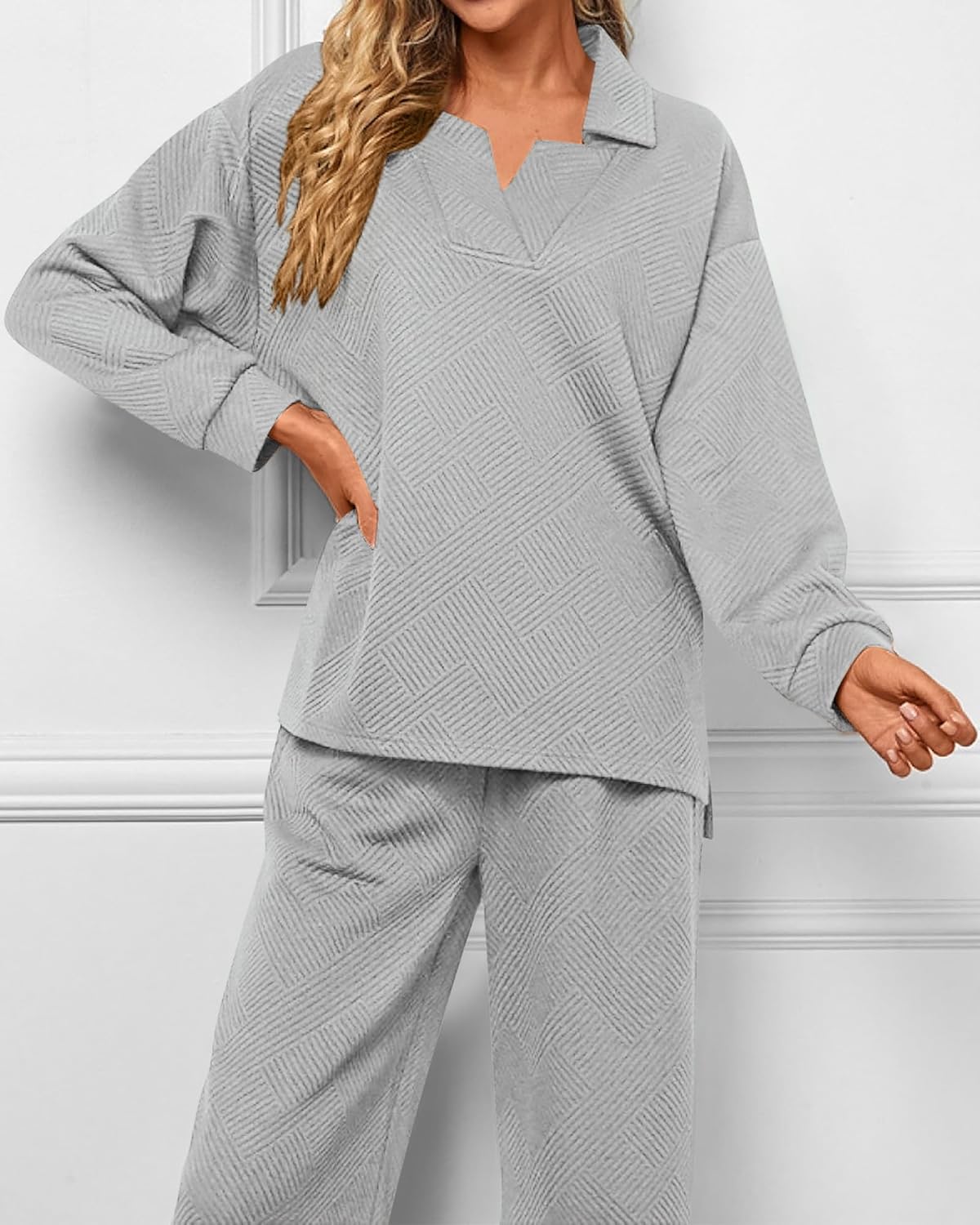 Textured V Neck Pullover Wide Leg Pants Lounge Set (Buy 2 Free Shipping)