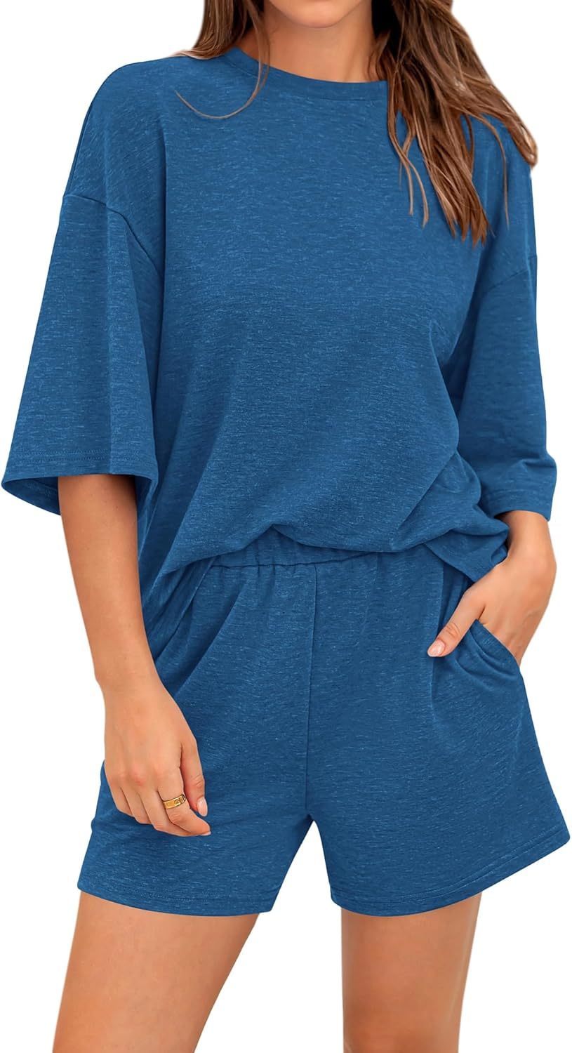Women’s 2 Piece Outfits 3/4 Sleeve Tops and Elastic Waist Shorts Lounge Sets