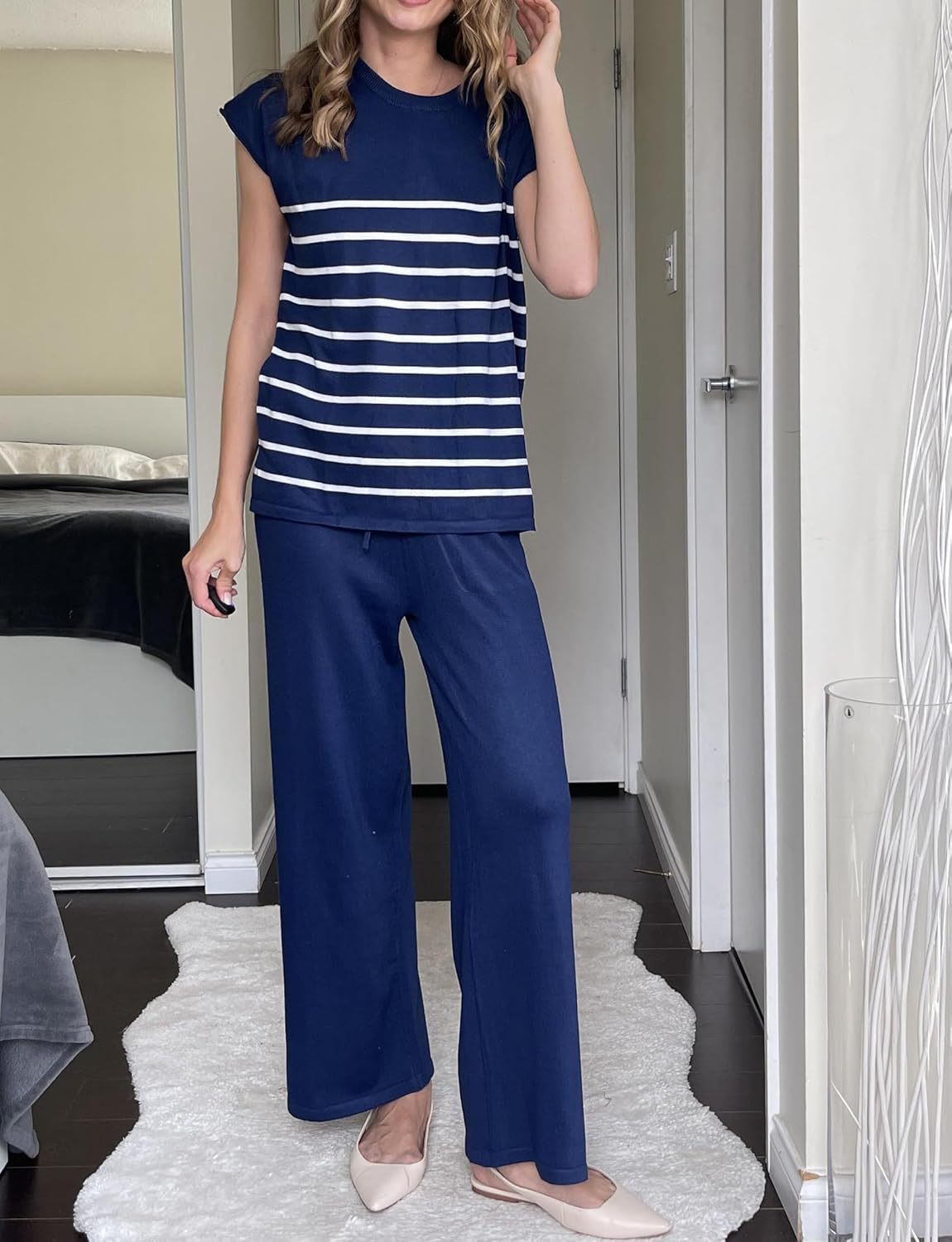 Women's Striped Knit Top Drawstring Wide Leg Pants 2-Piece Set