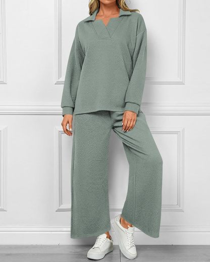 Textured V Neck Pullover Wide Leg Pants Lounge Set (Buy 2 Free Shipping)
