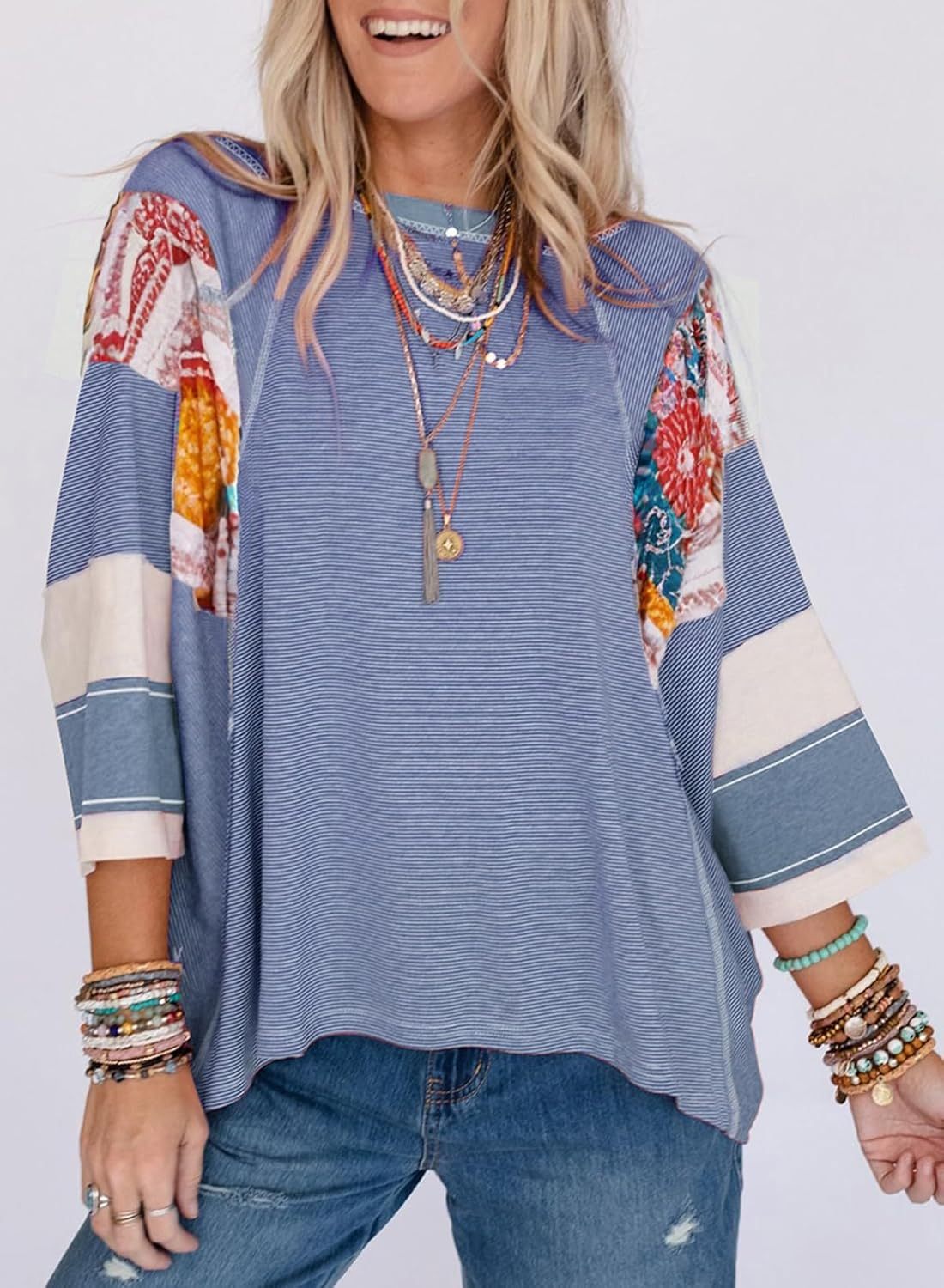 2025 Spring Summer Crew Neck Oversized Striped Patchwork Shirts Blouse