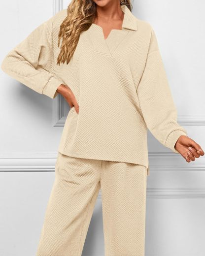 Textured V Neck Pullover Wide Leg Pants Lounge Set (Buy 2 Free Shipping)
