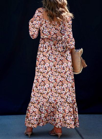 Women's Boho Floral Ruffle Square Neck Maxi Dress（Buy 2 Free Shipping)
