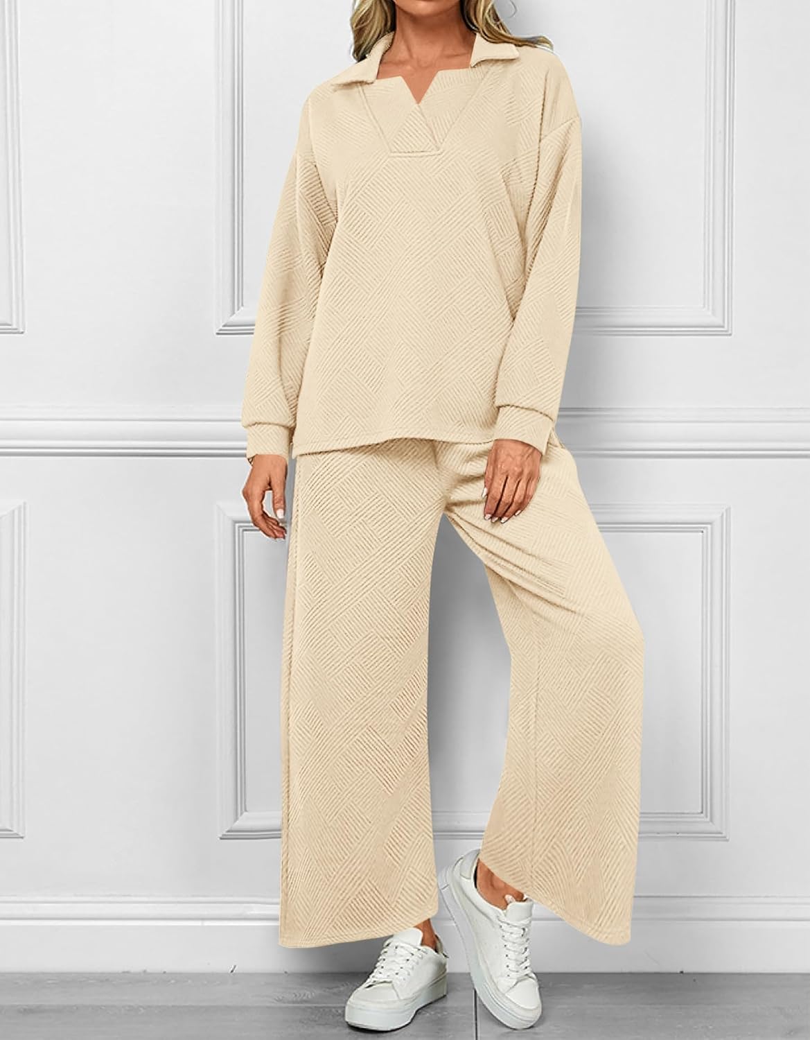 Textured V Neck Pullover Wide Leg Pants Lounge Set (Buy 2 Free Shipping)