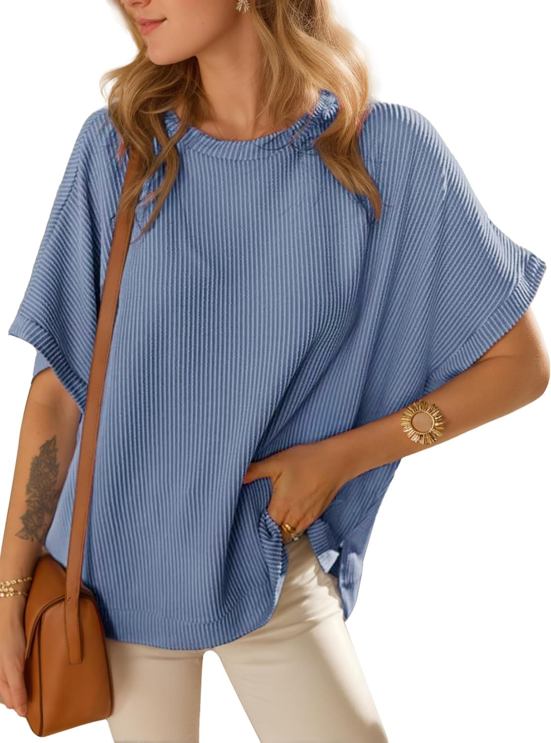 Women's Solid Color Loose Knitted Short Sleeved Shirt