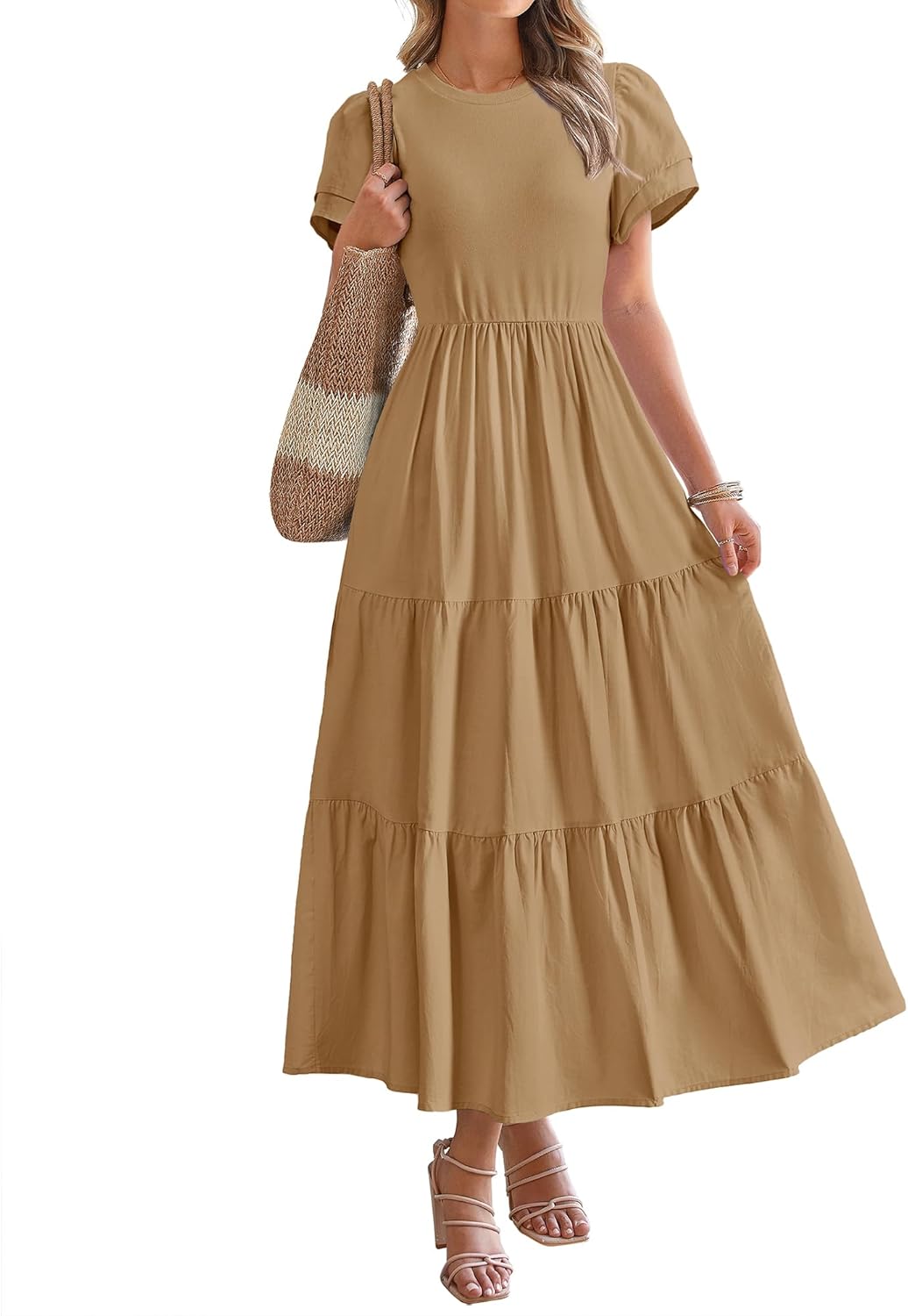 2025 Crewneck Short Sleeve Tiered Flowy Boho Maxi Dress (Buy 2 Free Shipping)