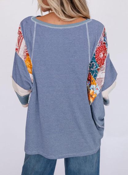 2025 Spring Summer Crew Neck Oversized Striped Patchwork Shirts Blouse