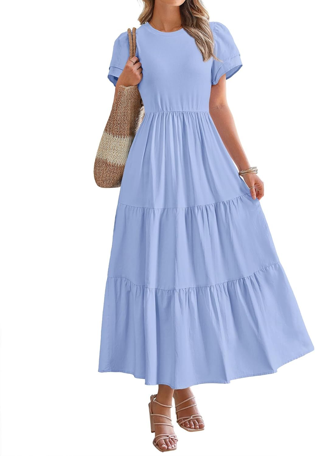 2025 Crewneck Short Sleeve Tiered Flowy Boho Maxi Dress (Buy 2 Free Shipping)