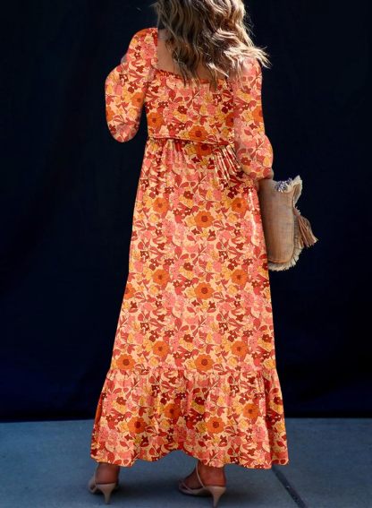 Women's Boho Floral Ruffle Square Neck Maxi Dress（Buy 2 Free Shipping)