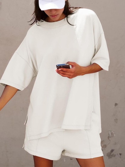 Women's Casual Solid Color Suit with Slit Top and Shorts (Buy 2 Free Shipping)