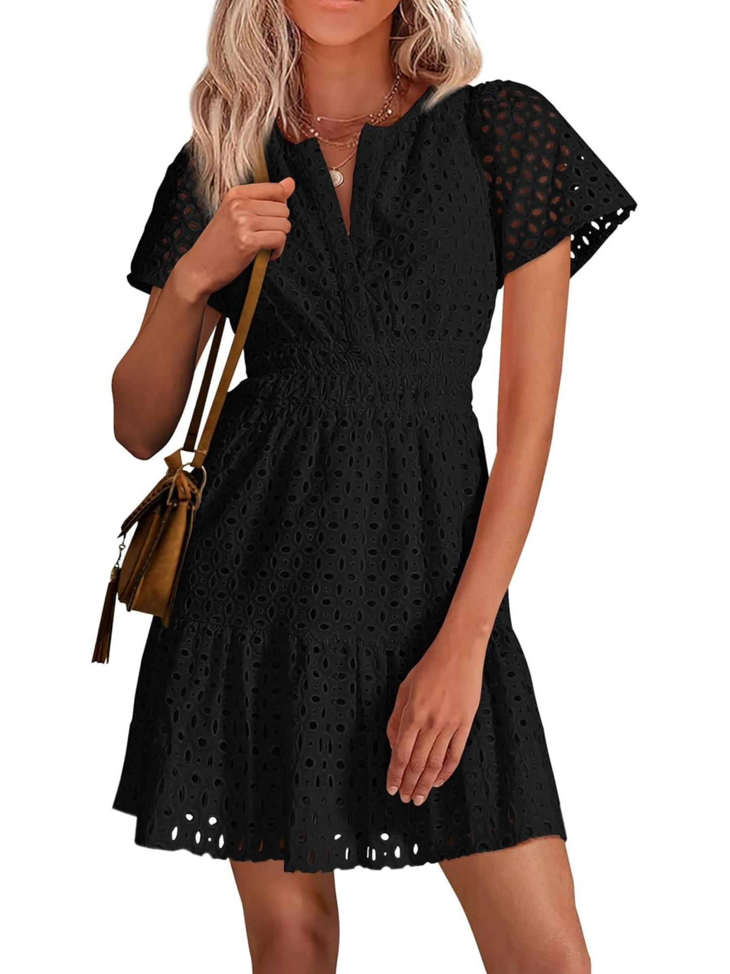 Women’s V Neck Short Sleeve A Line Hollow Out Lace Ruffle Short Dress