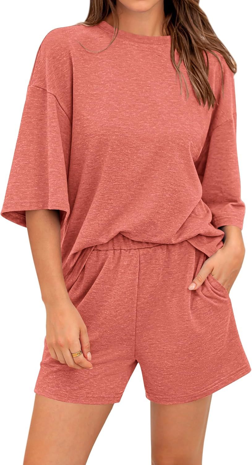 Women’s 2 Piece Outfits 3/4 Sleeve Tops and Elastic Waist Shorts Lounge Sets