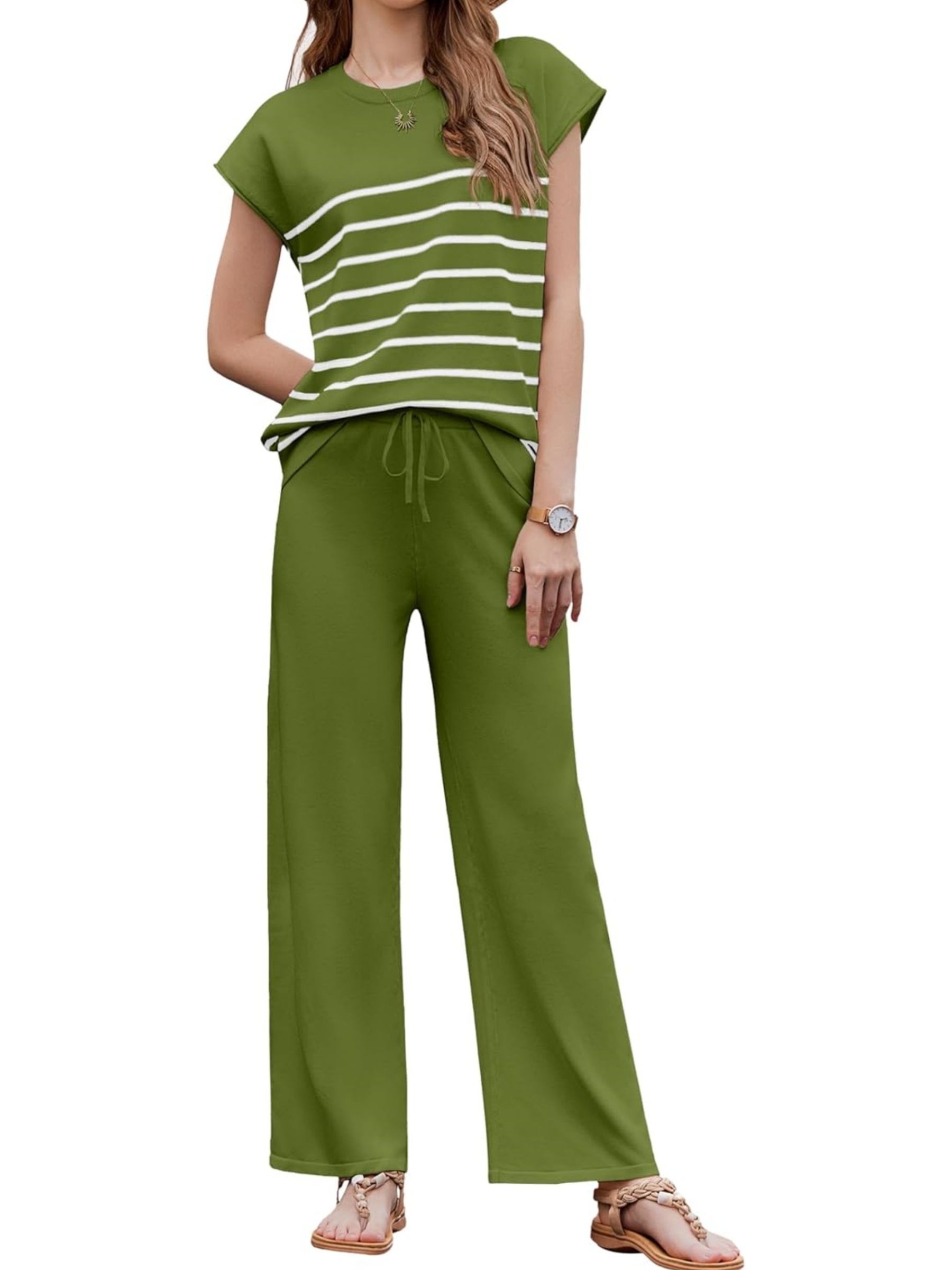 Women's Striped Knit Top Drawstring Wide Leg Pants 2-Piece Set