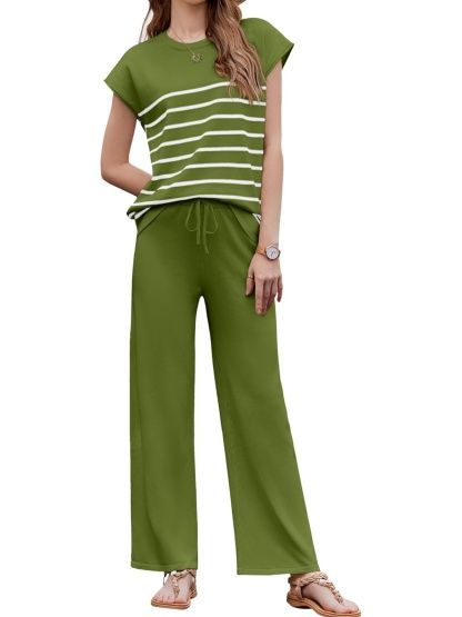 Women's Striped Knit Top Drawstring Wide Leg Pants 2-Piece Set