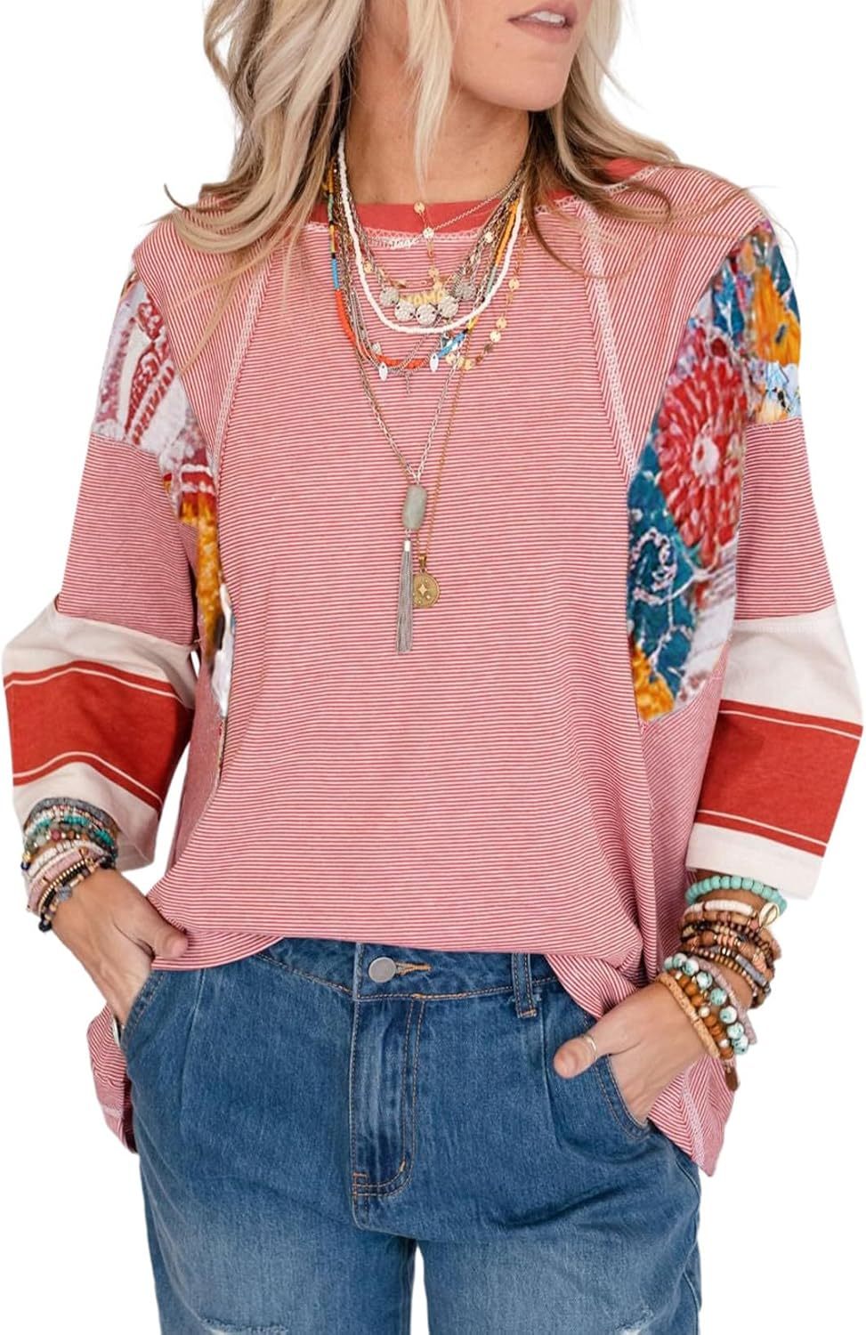 2025 Spring Summer Crew Neck Oversized Striped Patchwork Shirts Blouse