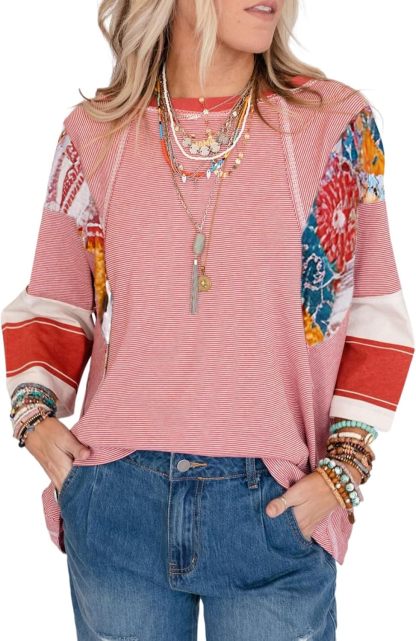 2025 Spring Summer Crew Neck Oversized Striped Patchwork Shirts Blouse