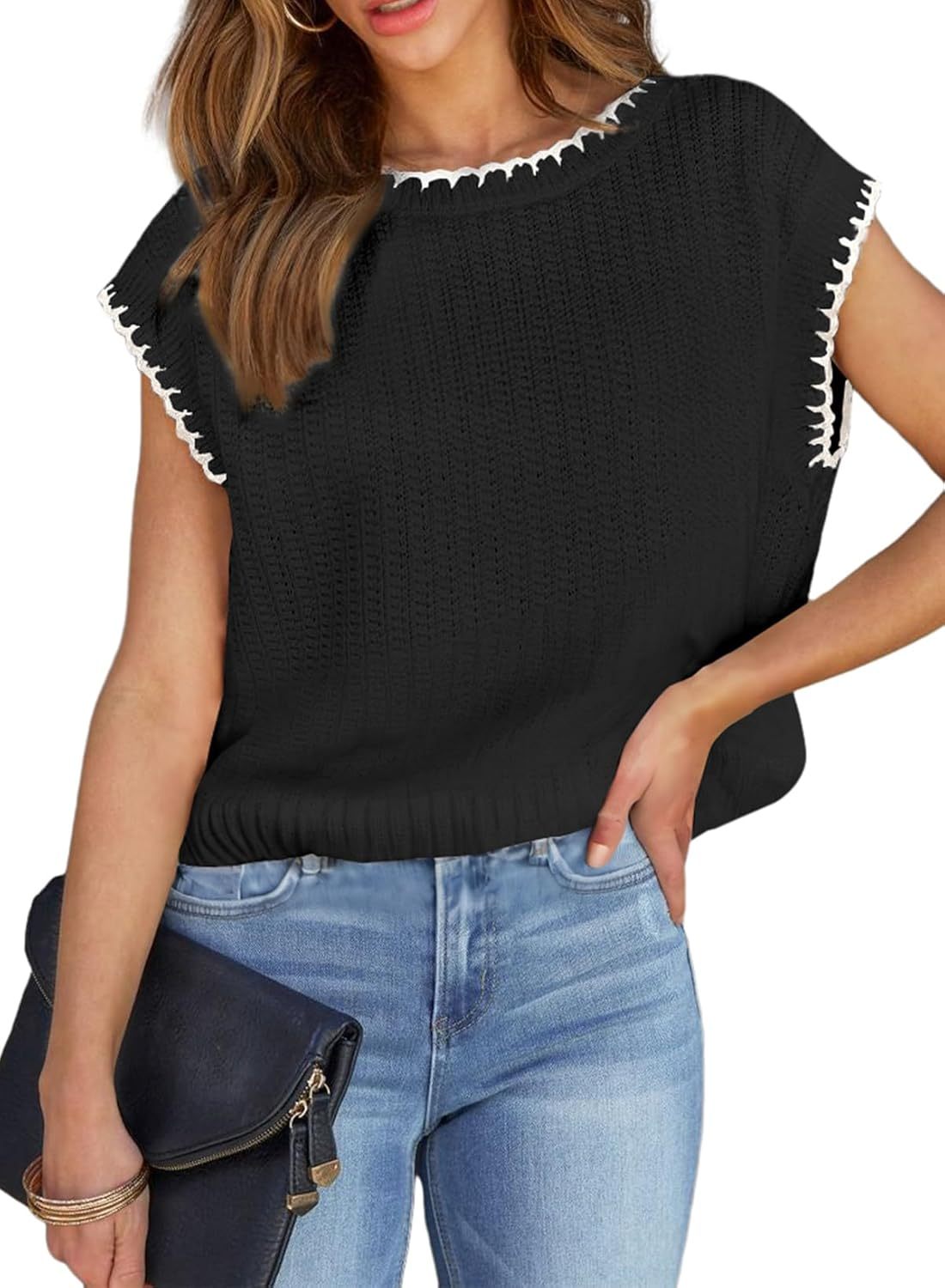 Women’s Cap Sleeve Sweater Vest Crewneck Short Sleeve Sweaters
