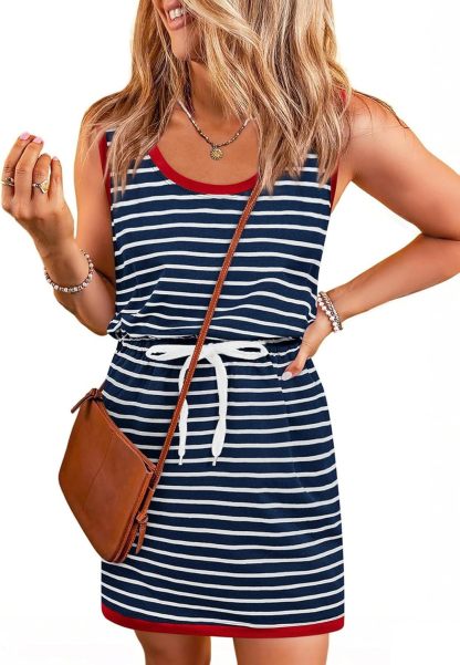 Women's Summer Sleeveless Striped Drawstring Waist Dress with Pockets