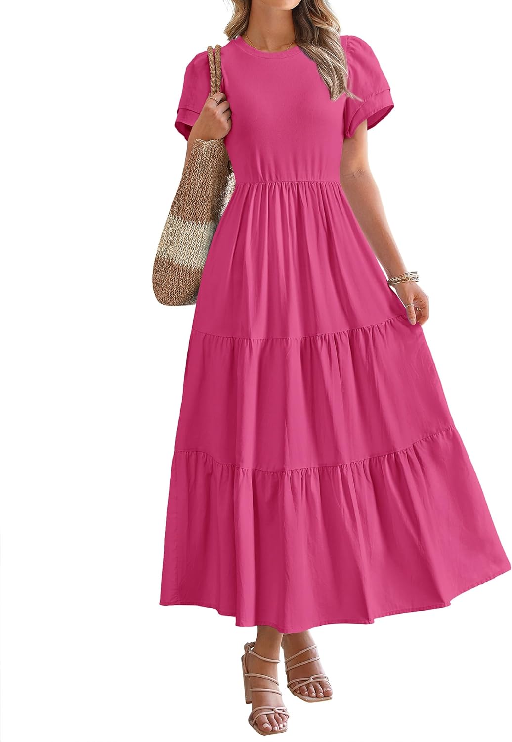 2025 Crewneck Short Sleeve Tiered Flowy Boho Maxi Dress (Buy 2 Free Shipping)