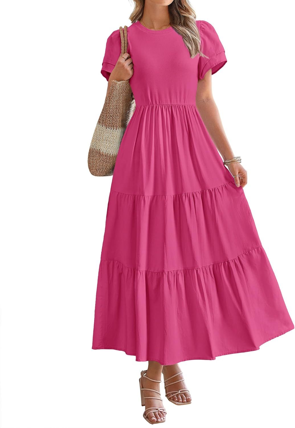 2025 Crewneck Short Sleeve Tiered Flowy Boho Maxi Dress (Buy 2 Free Shipping)
