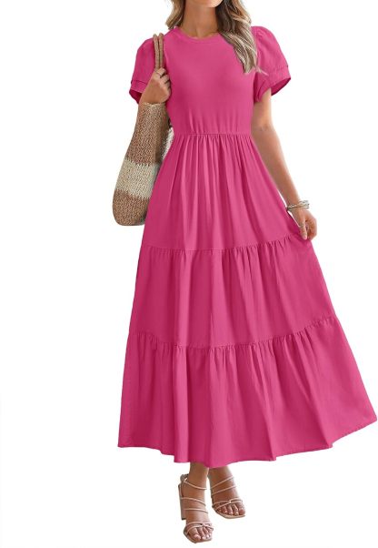 2025 Crewneck Short Sleeve Tiered Flowy Boho Maxi Dress (Buy 2 Free Shipping)