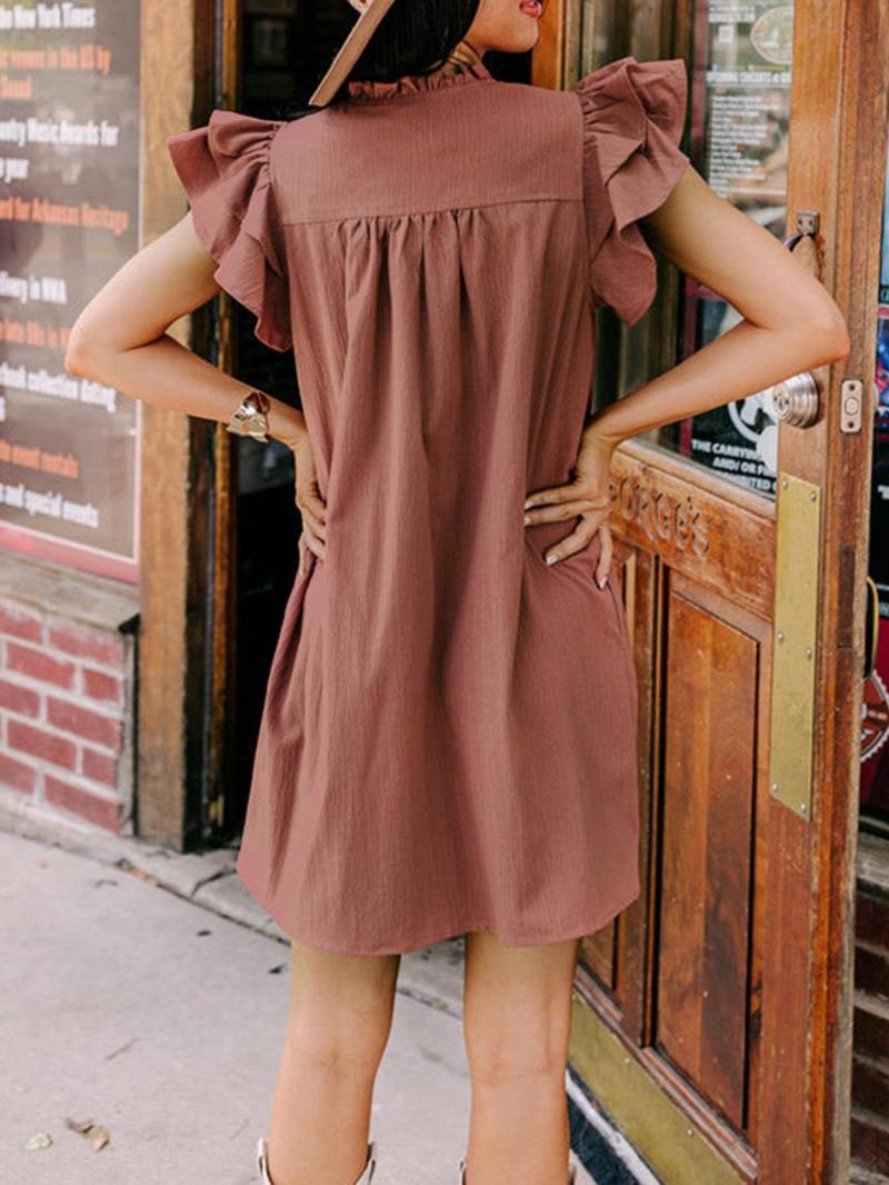 Women's Solid Color V-Neck Ruffle Dress