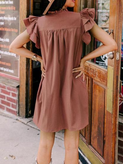 Women's Solid Color V-Neck Ruffle Dress