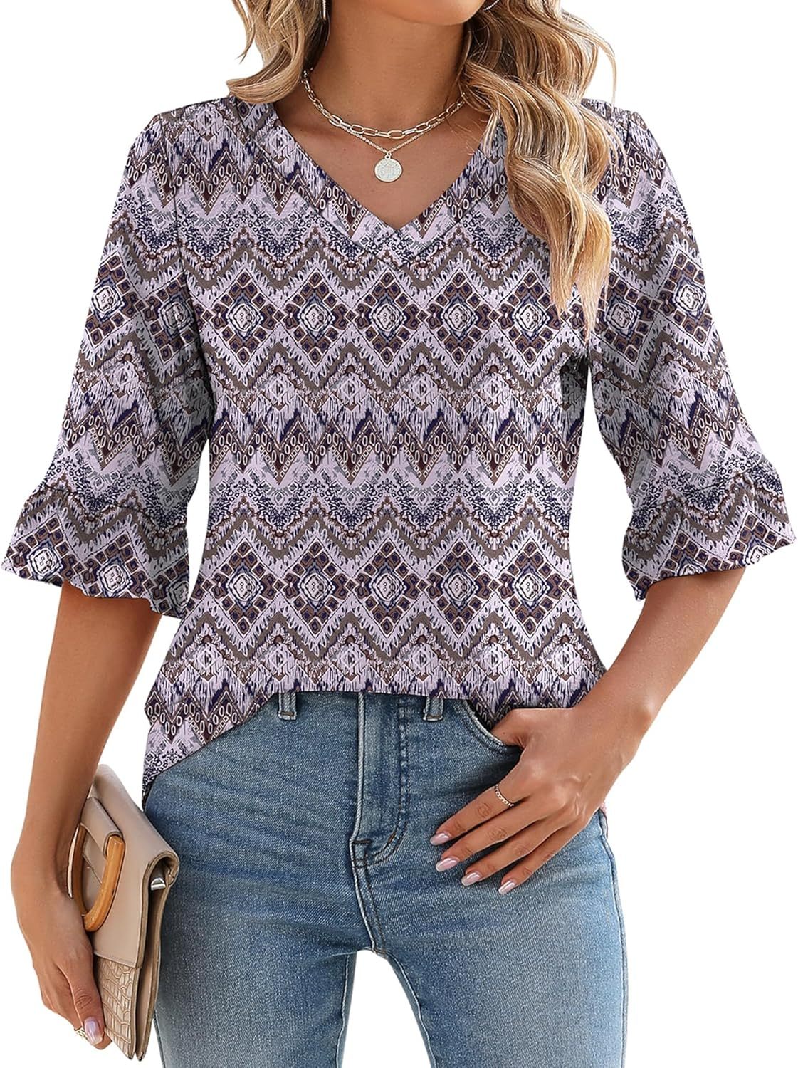 Womens 3/4 Length Sleeve V-Neck Eyelet Casual Ruffle Sleeve Tunic Blouses